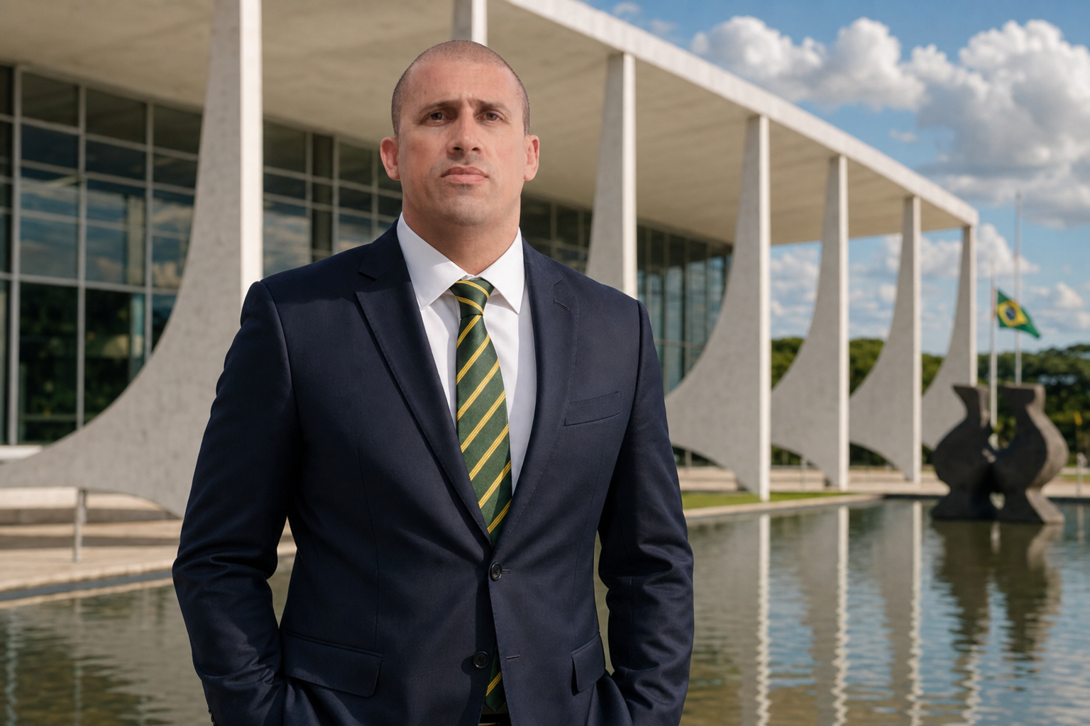 Composição institucional de Júlio Costa diante do Palácio do Planalto